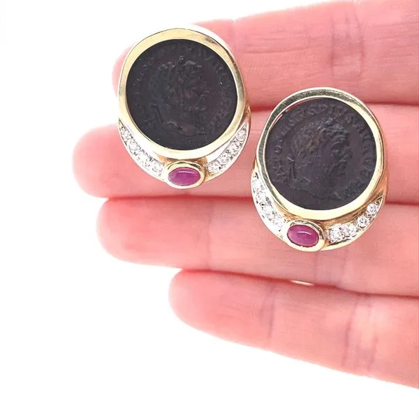 14K Yellow Replica Coin Ruby and Diamond Earrings Image 3 Jaymark Jewelers Cold Spring, NY