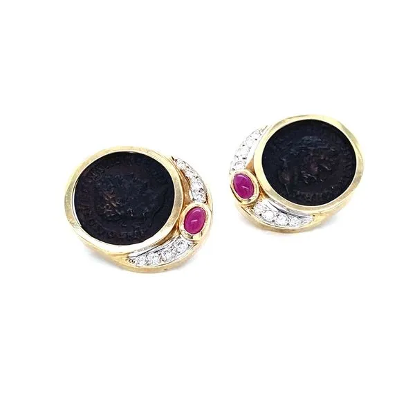 14K Yellow Replica Coin Ruby and Diamond Earrings Jaymark Jewelers Cold Spring, NY