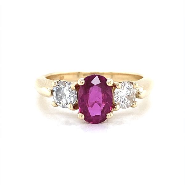 14K Yellow Gold 3 Stone Oval Ruby and Diamond Ring Jaymark Jewelers Cold Spring, NY