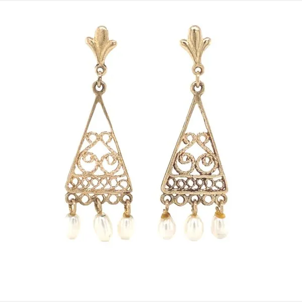 14K Yellow Gold Filigree Pearl Dangle Earrings Jaymark Jewelers Cold Spring, NY