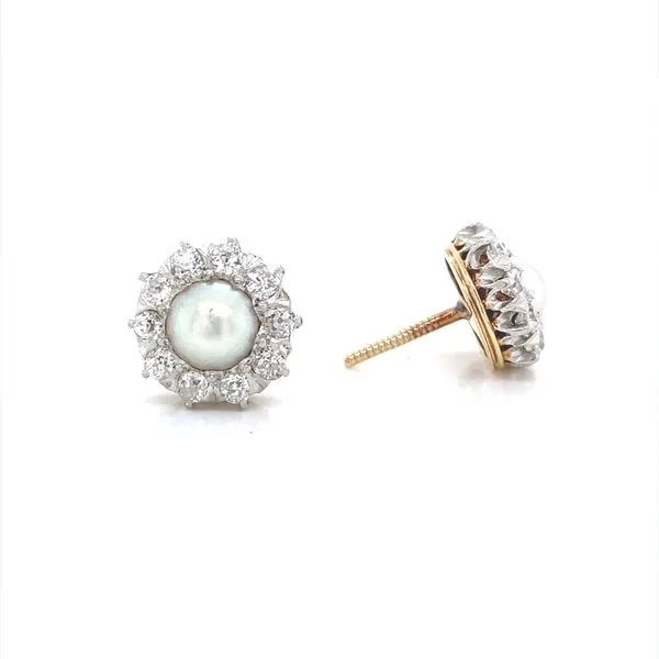 14K Yellow and White Gold Vintage Pearl and Diamond Earrings Image 2 Jaymark Jewelers Cold Spring, NY