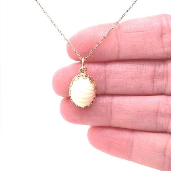 14K Yellow Cold Carved Cabochon Coral Pendant Image 2 Jaymark Jewelers Cold Spring, NY