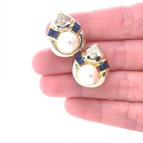18K Two Tone Gold Pearl, Diamond and Sapphire Earrings Image 3 Jaymark Jewelers Cold Spring, NY