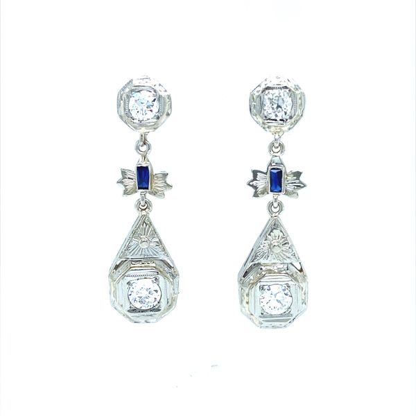 18K White Gold Antique Diamond and Sapphire Dangle Earrings Jaymark Jewelers Cold Spring, NY