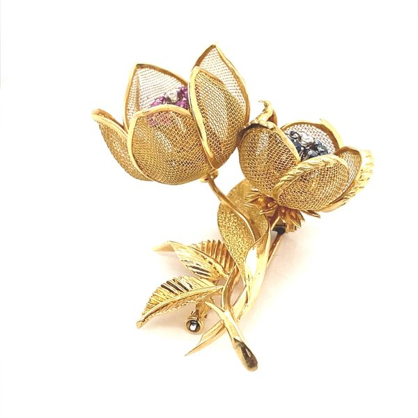 18K Yellow Gold Multi Gemstone Double Flower Pin Image 3 Jaymark Jewelers Cold Spring, NY