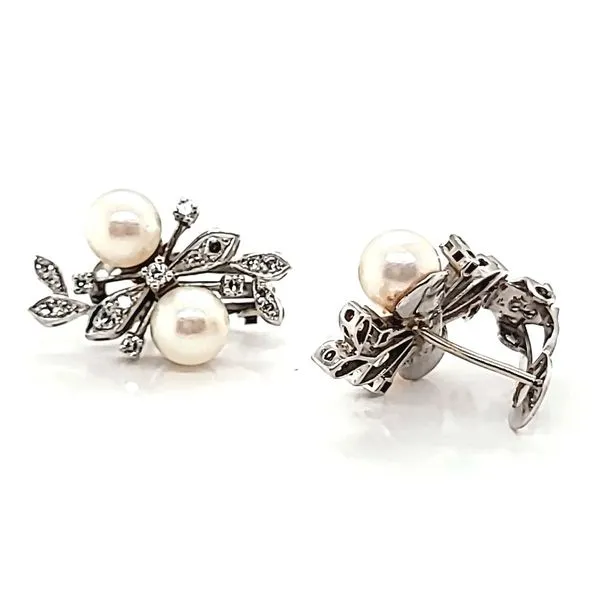 14K Yellow Gold Vintage Pearl and Diamond Earrings Image 2 Jaymark Jewelers Cold Spring, NY