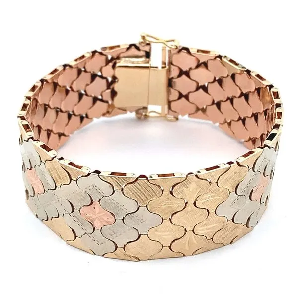 14K Tri-Color Gold Hand Engraved Wide Bracelet Jaymark Jewelers Cold Spring, NY
