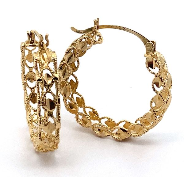 14K Yellow Open Filigree Round Hoops Image 2 Jaymark Jewelers Cold Spring, NY