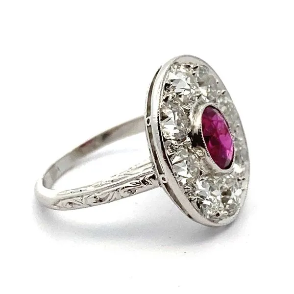 Platinum Old Mine Cut Diamond and Ruby Ring Image 2 Jaymark Jewelers Cold Spring, NY