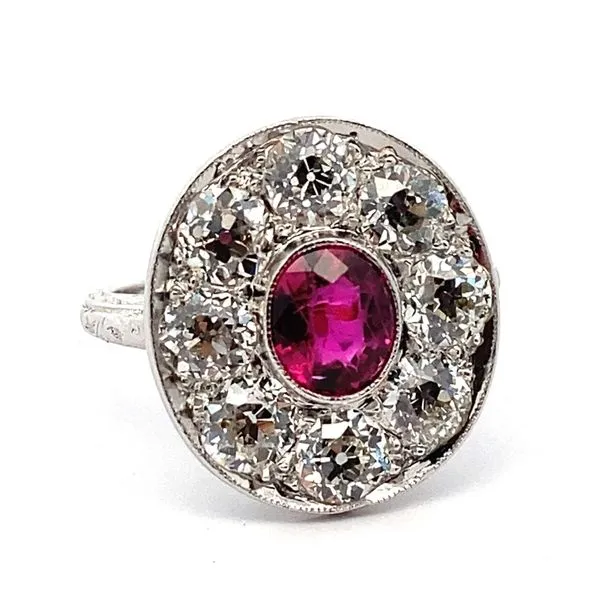 Platinum Old Mine Cut Diamond and Ruby Ring Jaymark Jewelers Cold Spring, NY