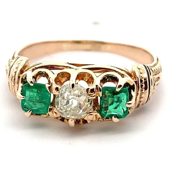 14K Yellow Gold Emerald and Old Mine Cut Diamond 3-Stone Ring Jaymark Jewelers Cold Spring, NY