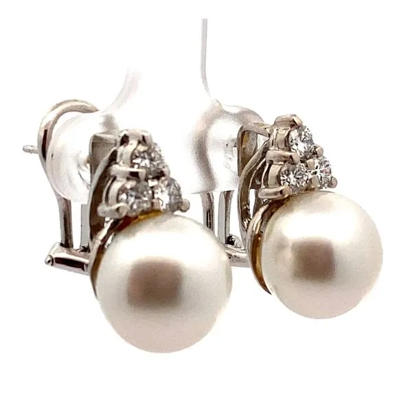 14K White Gold Pearl and Diamond Earrings Image 2 Jaymark Jewelers Cold Spring, NY