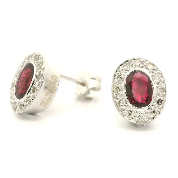 14K White Gold Ruby and Diamond Halo Earrings Image 2 Jaymark Jewelers Cold Spring, NY