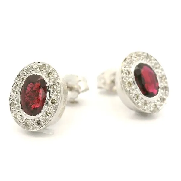 14K White Gold Ruby and Diamond Halo Earrings Jaymark Jewelers Cold Spring, NY