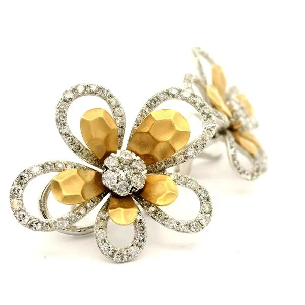 14K Two Tone Diamond Flower Earrings Image 2 Jaymark Jewelers Cold Spring, NY