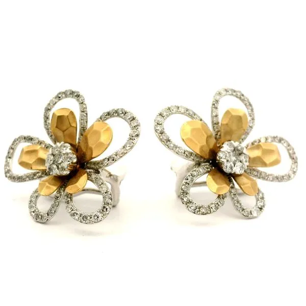14K Two Tone Diamond Flower Earrings Jaymark Jewelers Cold Spring, NY