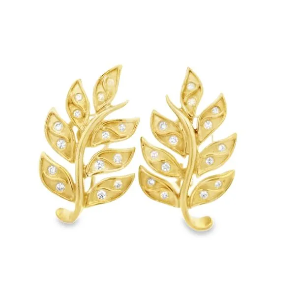 18K Yellow Gold and Diamond Estate Leaf Earrings Jaymark Jewelers Cold Spring, NY