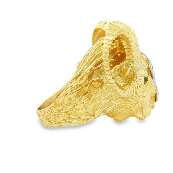 18K Yellow Gold Diamond and Emerald Ram's Head Ring Image 3 Jaymark Jewelers Cold Spring, NY