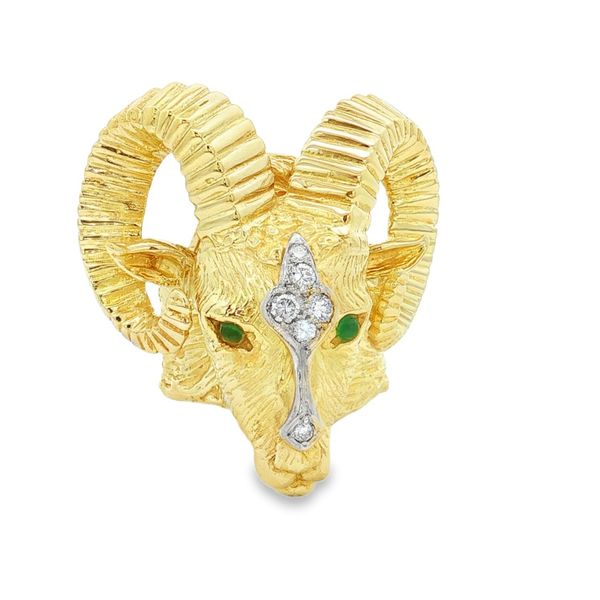18K Yellow Gold Diamond and Emerald Ram's Head Ring Jaymark Jewelers Cold Spring, NY