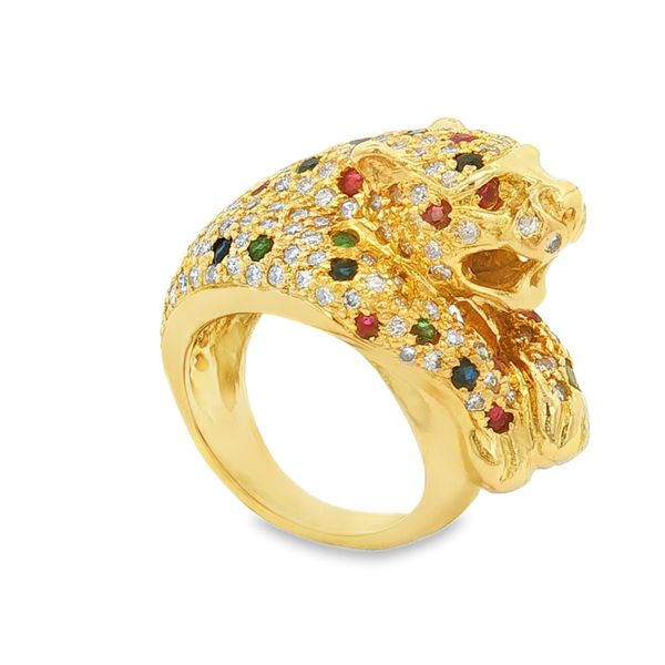 18K Yellow Gold Ruby, Emerald, Sapphire and Diamond Leopard Ring Image 2 Jaymark Jewelers Cold Spring, NY