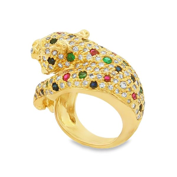 18K Yellow Gold Ruby, Emerald, Sapphire and Diamond Leopard Ring Image 3 Jaymark Jewelers Cold Spring, NY