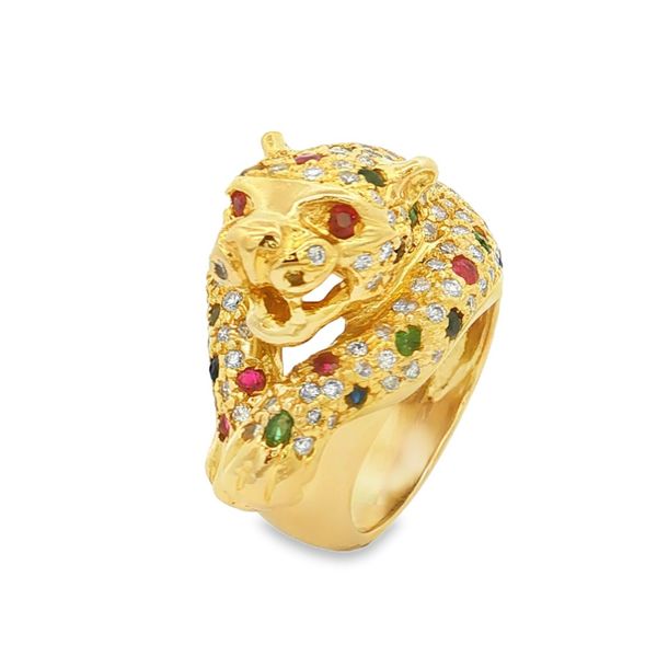 18K Yellow Gold Ruby, Emerald, Sapphire and Diamond Leopard Ring Jaymark Jewelers Cold Spring, NY