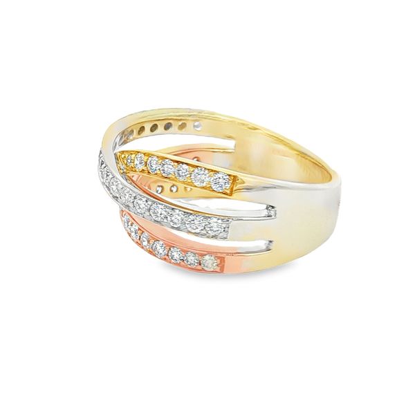 14K Tri Color Diamond Crisscross Ring Image 2 Jaymark Jewelers Cold Spring, NY