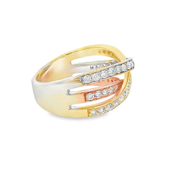 14K Tri Color Diamond Crisscross Ring Image 3 Jaymark Jewelers Cold Spring, NY