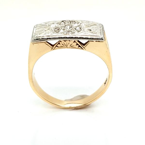 14k TT men's ring with hand engraved top and dia accents Image 2 Jaymark Jewelers Cold Spring, NY