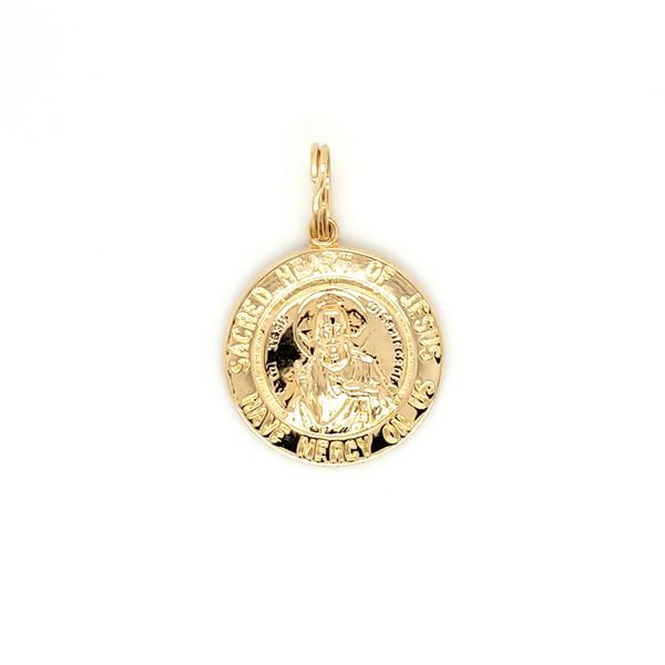 14k yellow gold round sacred heart of Jesus pendant. 3/4