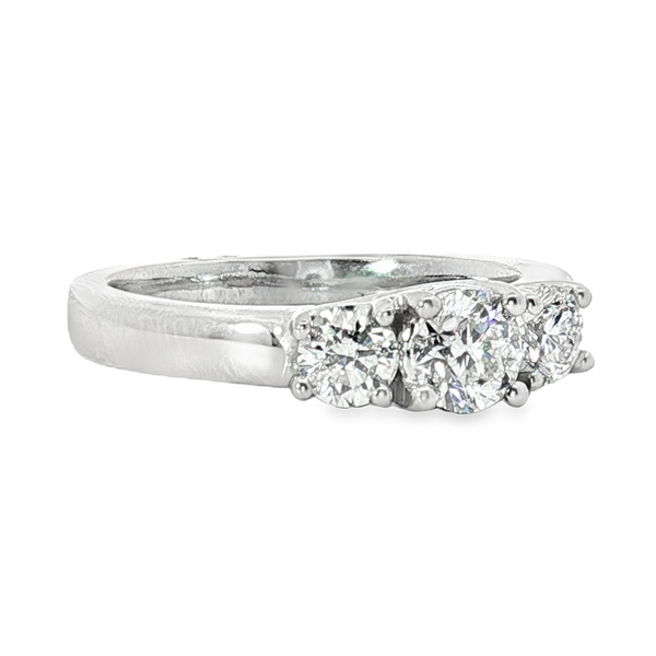 Ladies 14kt White Gold 3 Stone Diamond Anniversary Ring. The Ring is 1.02ct total weight and the Diamonds are SI2 in Clarity and G in color. Image 2 Jeff Dennis Jewelers Gardendale, AL