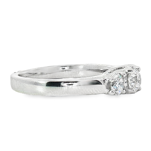 Ladies 14kt White Gold 3 Stone Diamond Anniversary Ring. The Ring is 1.02ct total weight and the Diamonds are SI2 in Clarity and G in color. Image 3 Jeff Dennis Jewelers Gardendale, AL