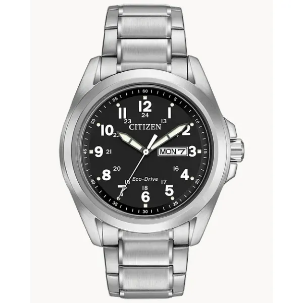 MENS ECO DRIVE WR100 STAINLESS DAY DATE WATCH WITH BLACK DIAL Jeff Dennis Jewelers Gardendale, AL