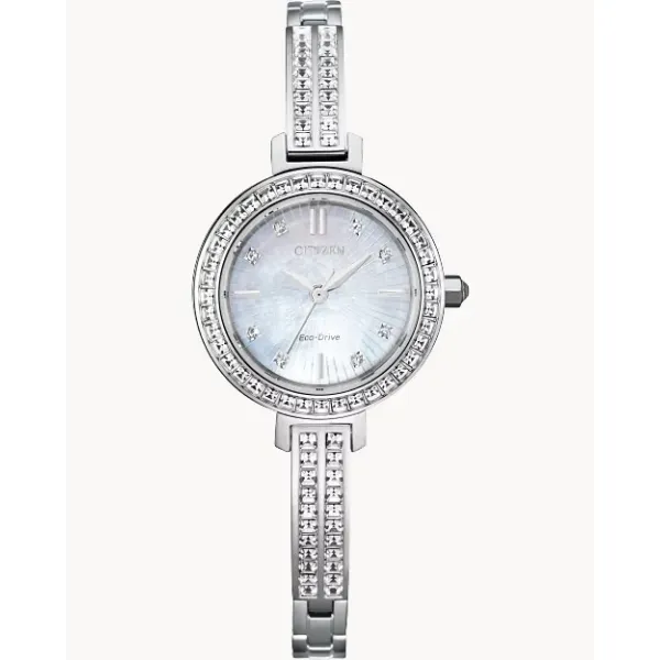 LADIES ECO DRIVE  WR50 STAINLESS WATCH WITH MOTHER OF PEARL DIAL AND SILHOUETTE CRYSTALS IN THE BAND Jeff Dennis Jewelers Gardendale, AL