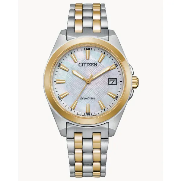 LADIES ECO DRIVE WR100 W TONE STAINLESS STEAL MOTHER OF PEARL DIAL WATCH Jeff Dennis Jewelers Gardendale, AL