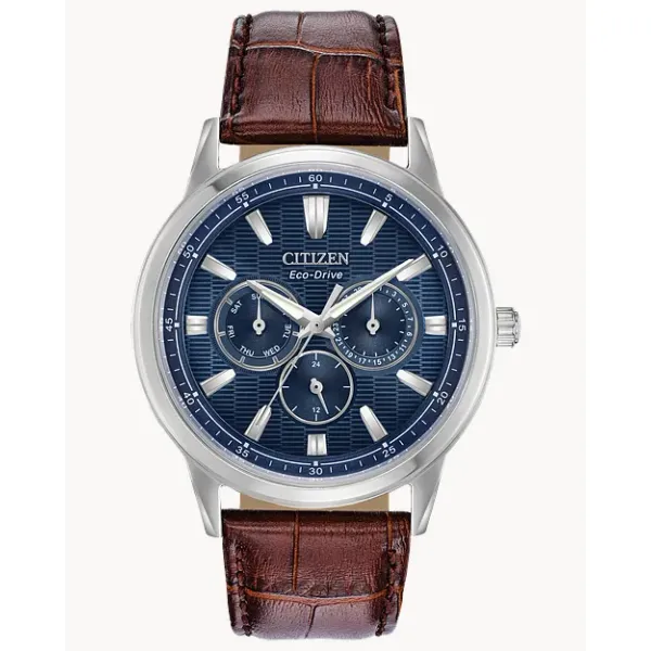 MENS ECO DRIVE STAINLESS WATCH WITH BLUE DIAL AND BROWN LEATHER BAND Jeff Dennis Jewelers Gardendale, AL