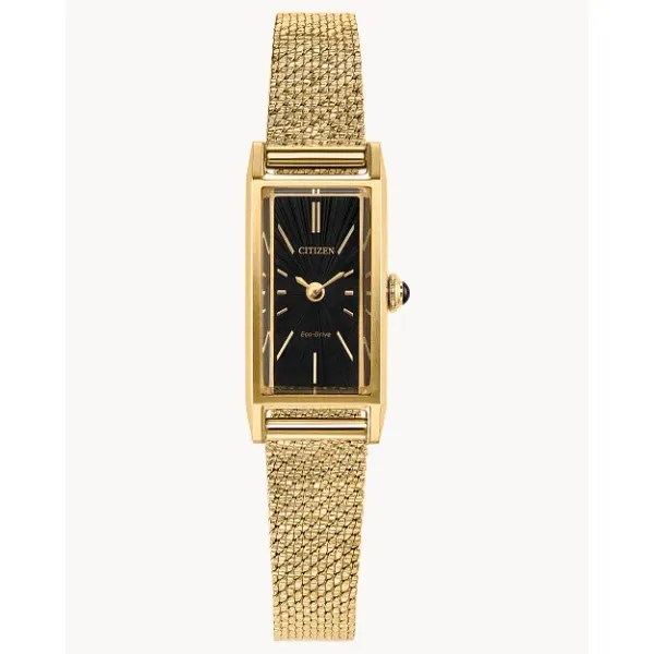 LADIES ECO DRIVE STAINLESS GOLD TONE MESH BLACK FACE WATCH Jeff Dennis Jewelers Gardendale, AL