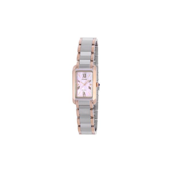 LADIES ECO DRIVE WR50 2 TONE STAINLESS STEEL WHITE AND ROSE WATCH WITH MOTHER OF PEARL DIAL Jeff Dennis Jewelers Gardendale, AL