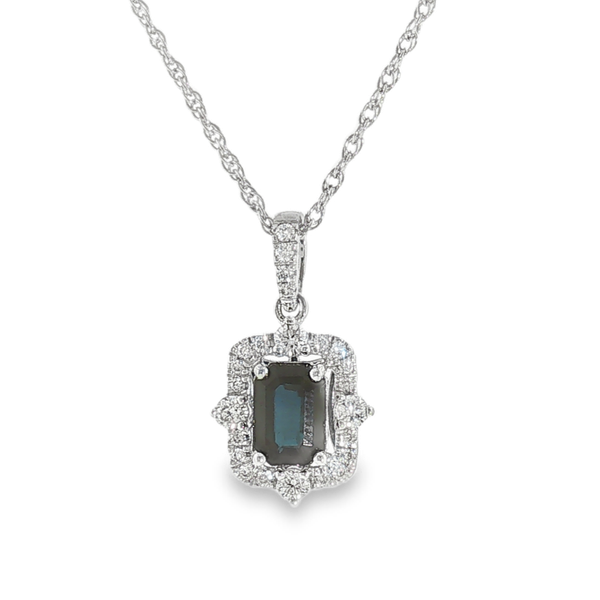 14KW 1.04 Emerald Cut Sapphire and .28ct tw Round Diamonds Pendant, total weight 1.32 Jeff Dennis Jewelers Gardendale, AL