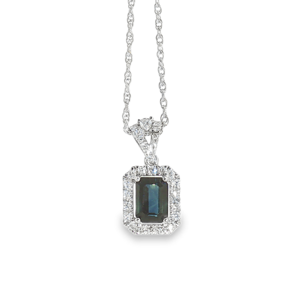 14KW 1.17ct Emerald Cut Sapphire and .28ct tw Round Diamonds Pendant Jeff Dennis Jewelers Gardendale, AL