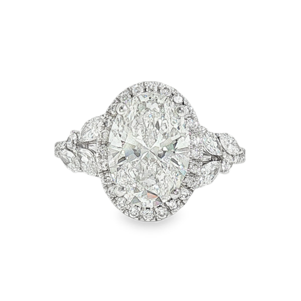 14K White Gold 3.06ct Oval Lab Grown Diamond Engagement Ring that is E in Color and VS1 in Clarity with .76ct tw of Various Shaped Accent Lab Grown Diamonds. Jeff Dennis Jewelers Gardendale, AL