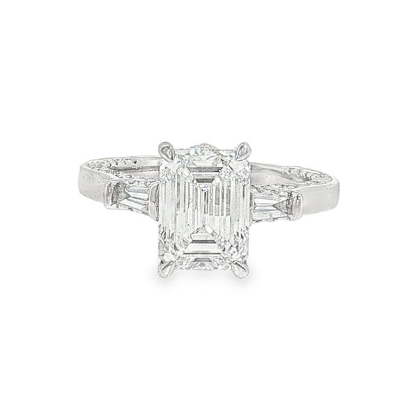 14K White Gold 3.03 Emerald Cut Lab Grown Diamond Engagement Ring that is F in Color and VS2 in Clarity with .90ct tw of Round Accent Diamonds in Band. IGI Cert No. LG679507479. Jeff Dennis Jewelers Gardendale, AL