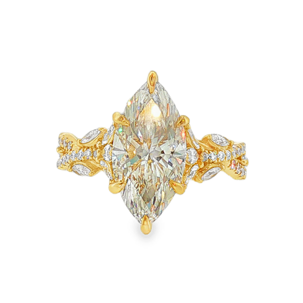 14K Yellow Gold 3.02ct Marquise Lab Grown Diamond Engagement Ring that is G in Color and VVS2 in Clarity with .73ct tw Various Shaped Accent Lab Grown Diamonds. IGI Cert No. LG749520443 Jeff Dennis Jewelers Gardendale, AL