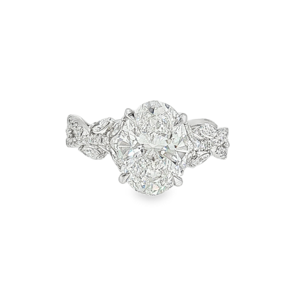 14K White Gold 3.01ct Oval Lab Grown Diamond Engagement Ring that is E in Color and VVS2 in Clarity with .74ct tw of various cut Accent Diamonds. IGI Cert No. LG749502733 Jeff Dennis Jewelers Gardendale, AL