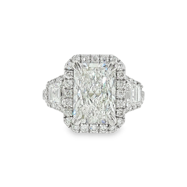 14K White Gold 4.10ct Radiant Cut Lab Grown Diamond Engagement Ring that is E in Color and VS1 in Clarity with 1.4ct tw of Various Shaped Accent Diamonds. IGI Cert No. LG690506008 Jeff Dennis Jewelers Gardendale, AL