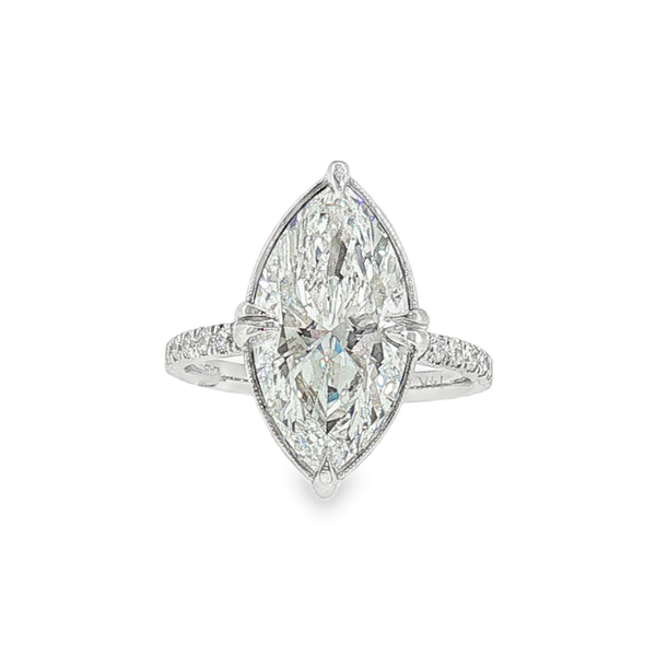 14K White Gold 5.03ct Marquise Lab Grown Diamond Engagement Ring that is E in Color and VVS2 in Clarity with .37ct tw Round Lab Grown Accent Diamonds. IGI Cert. No. LG689591146 Jeff Dennis Jewelers Gardendale, AL