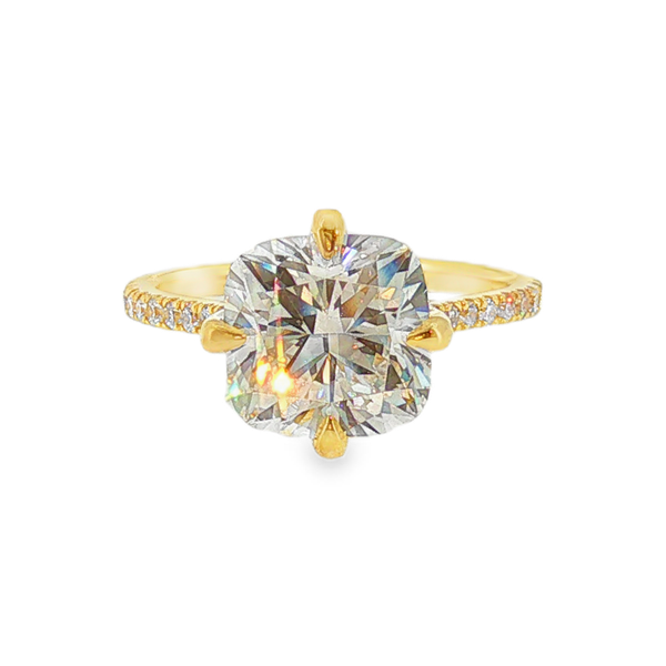 14K Yellow Gold 4.01ct Cushion Cut Lab Grown Diamond Engagement Ring that is F in Color and VVS2 in Clarity with .57ct tw Round Accent Lab Grown Diamonds. IGI Cert. No. LG734516451 Jeff Dennis Jewelers Gardendale, AL
