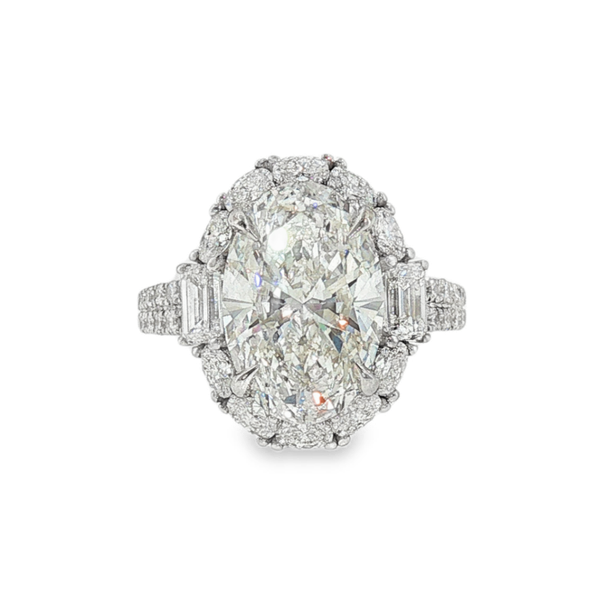 14K White Gold 5.03ct Oval Lab Grown Diamond Engagement Ring that is F in Color and VVS2 in Clarity with 1.66ct tw of Various Shaped Lab Grown Accent Diamonds. IGI Cert No. LG757530819 Jeff Dennis Jewelers Gardendale, AL