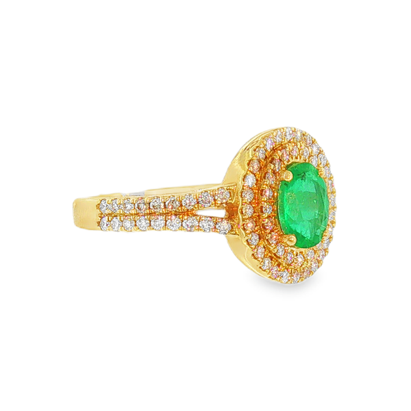 14KY .64ct Oval Emerald and .48cttw Diamond Double Halo Ring Image 2 Jeff Dennis Jewelers Gardendale, AL