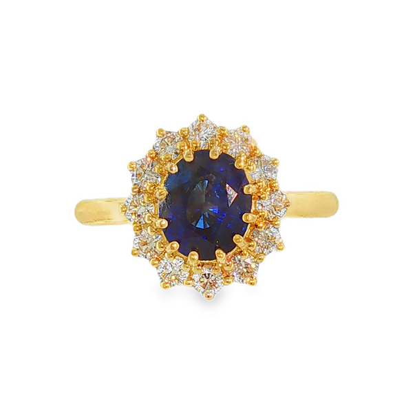 14K Yellow Gold 1.87ct Oval Blue Sapphire and .62cttw Round Diamond Halo Ring Jeff Dennis Jewelers Gardendale, AL